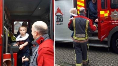 Photo of Firefighters free young boy after he gets toilet seat stuck on his head